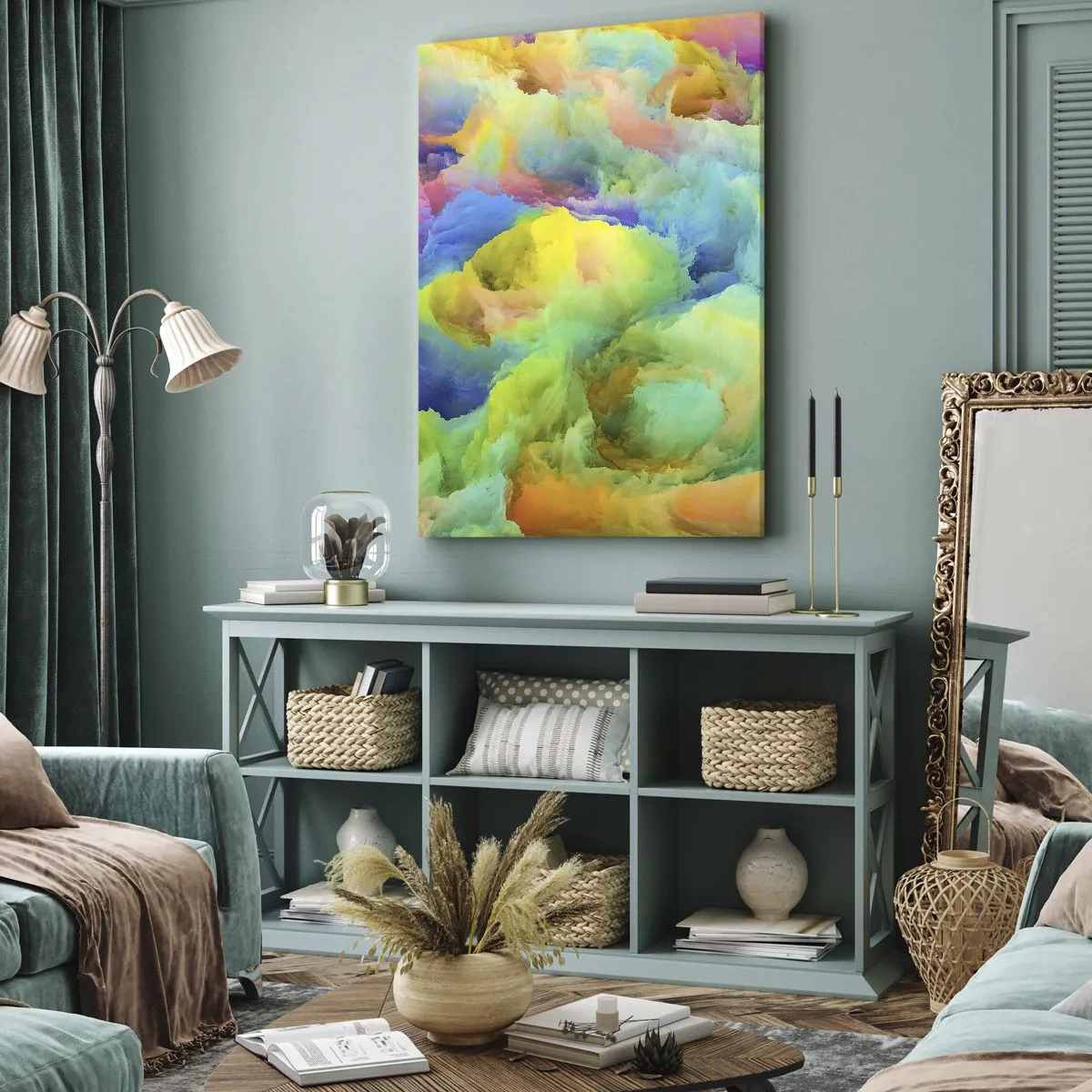Obraz na płótnie - Abstrakcyjne, wielokolorowe obłoki przypominające puch - 50x70cm - Tęczowy puch - Nowoczesna dekoracja ścienna do salonu, kuchni i sypialni ARTTOR