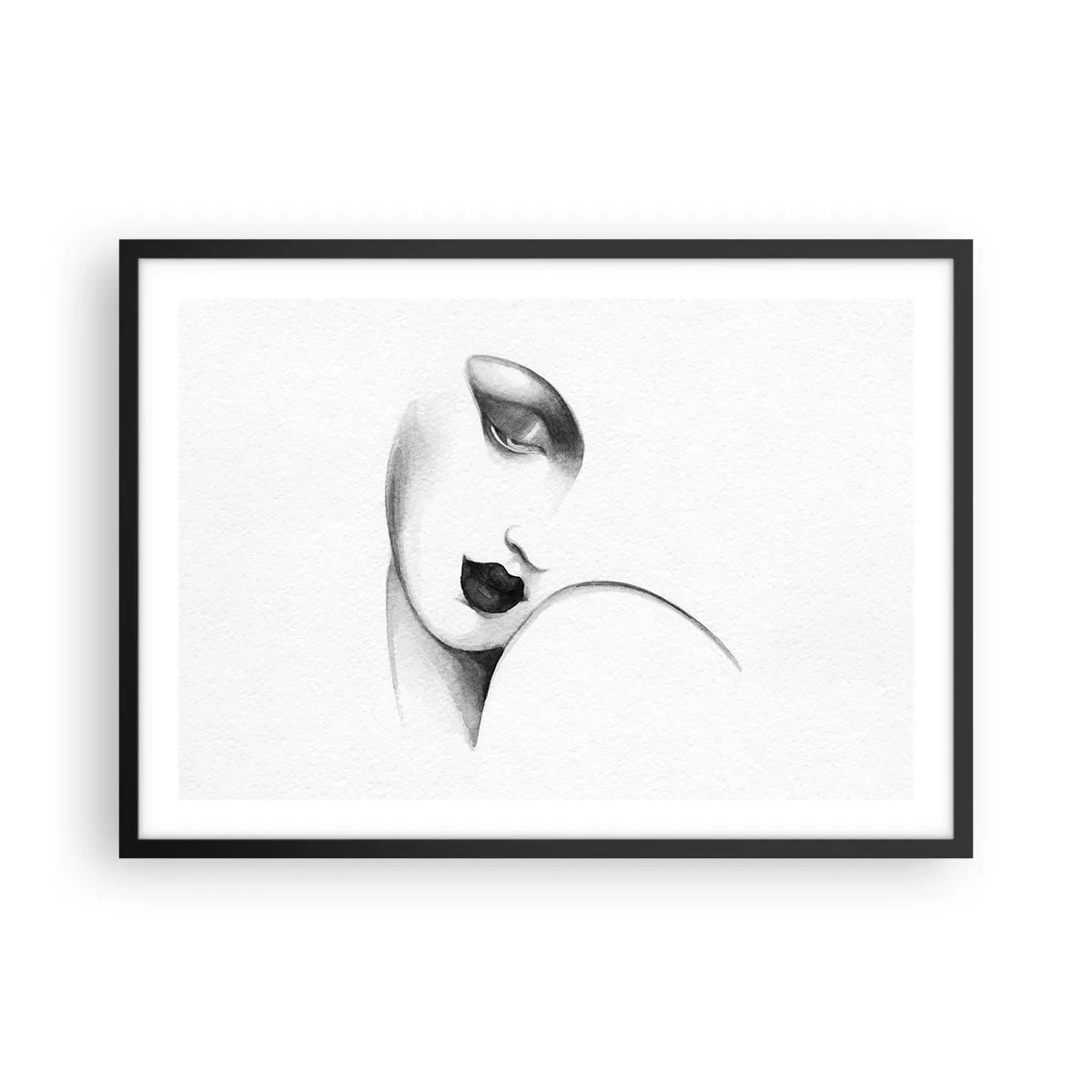 Plakat w czarnej ramie - Subtelny portret kobiety w monochromatycznym stylu - 70x50cm - W stylu Łempickiej - Nowoczesna dekoracja ścienna do salonu i sypialni ARTTOR