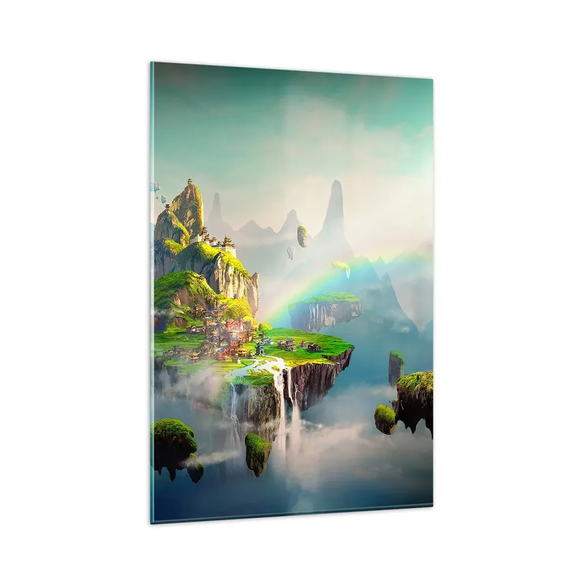 Obraz na szkle - Latające wyspy wśród chmur z tęczą na horyzoncie - 80x120cm - Śródniebie - wyspy szczęśliwe - Nowoczesna dekoracja ścienna do salonu i sypialni ARTTOR