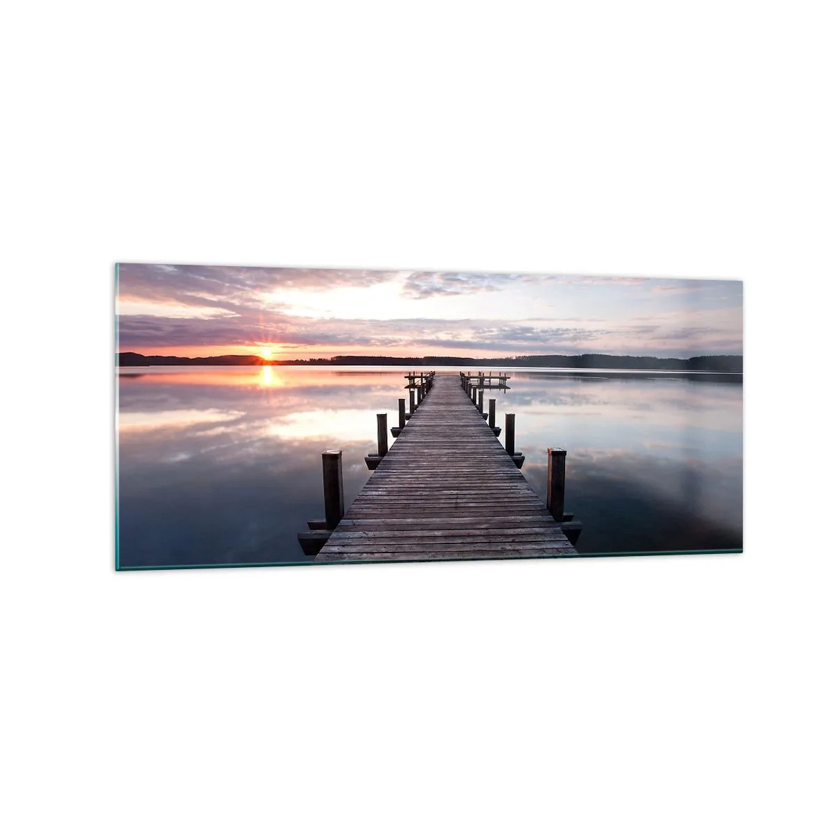 Obraz na szkle - Pomost na jeziorze o zachodzie słońca w spokojnym krajobrazie - 120x50cm - Cicha granica dnia i nocy - Nowoczesna dekoracja ścienna do salonu i sypialni ARTTOR
