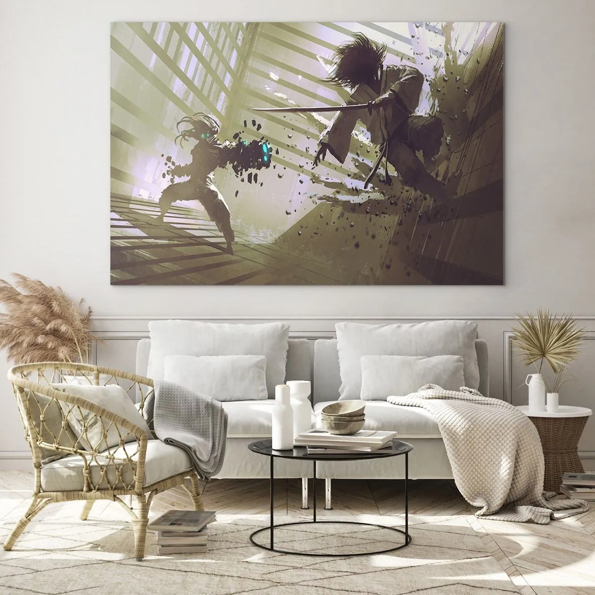 Obraz na szkle - Pojedynek samurajów w dynamicznej scenie - 120x80cm - I ty możesz być samurajem - Nowoczesna dekoracja ścienna do salonu, kuchni i sypialni ARTTOR