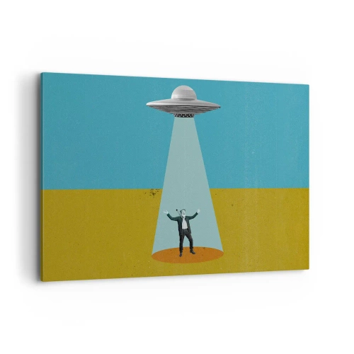 Obraz na płótnie - Człowiek w świetle UFO na tle kolorowego pejzażu - 120x80cm - Bliskie spotkanie - Nowoczesna dekoracja ścienna do salonu, kuchni i sypialni ARTTOR