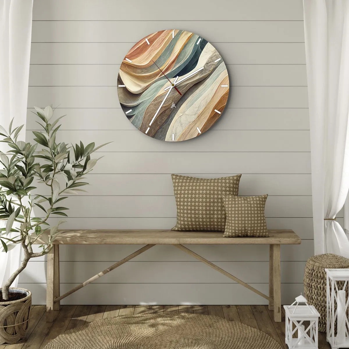Zegar ścienny - Wielowarstwowe fale w pastelowych i ziemistych kolorach - 30x30cm - Chwila przed zmianą - Nowoczesna dekoracja ścienna do salonu, kuchni i sypialni ARTTOR