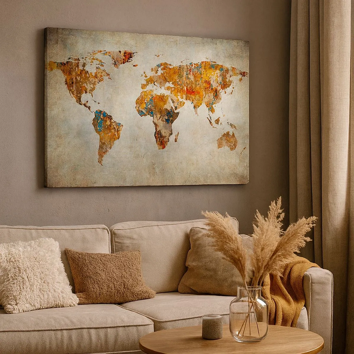 Obraz na płótnie - Mapa świata w stylu vintage z kolorowymi akcentami - 70x50cm - Naprawdę wielki świat - Nowoczesna dekoracja ścienna do salonu i sypialni ARTTOR