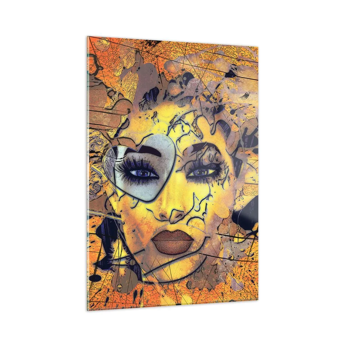 Obraz na szkle - Abstrakcyjna twarz kobiety w złoto-pomarańczowych tonach - 50x70cm - Słoneczna piękność - Nowoczesna dekoracja ścienna do salonu, kuchni i sypialni ARTTOR