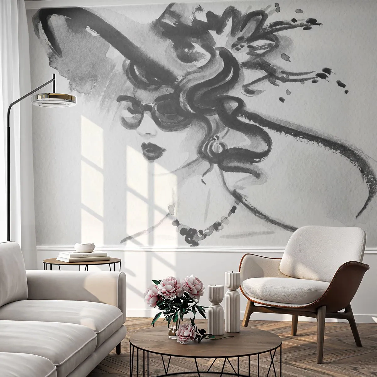 Fototapeta Premium Canvas - Elegancka kobieta w kapeluszu w czarno-białym stylu - 100x70cm - Dama z charakterem - Nowoczesna dekoracja ścienna do salonu i sypialni ARTTOR