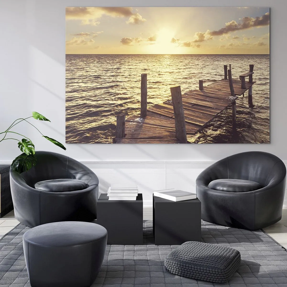 Obraz na szkle - Drewniany pomost na tle zachodzącego słońca - 70x50cm - Złota kraina łagodności - Nowoczesna dekoracja ścienna do salonu i sypialni ARTTOR