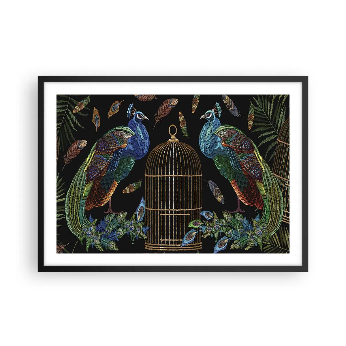 Plakat w czarnej ramie - Pawie przy złotej klatce na czarnym tle - 70x50cm - W królewskich szatach - Nowoczesna dekoracja ścienna do salonu i sypialni ARTTOR