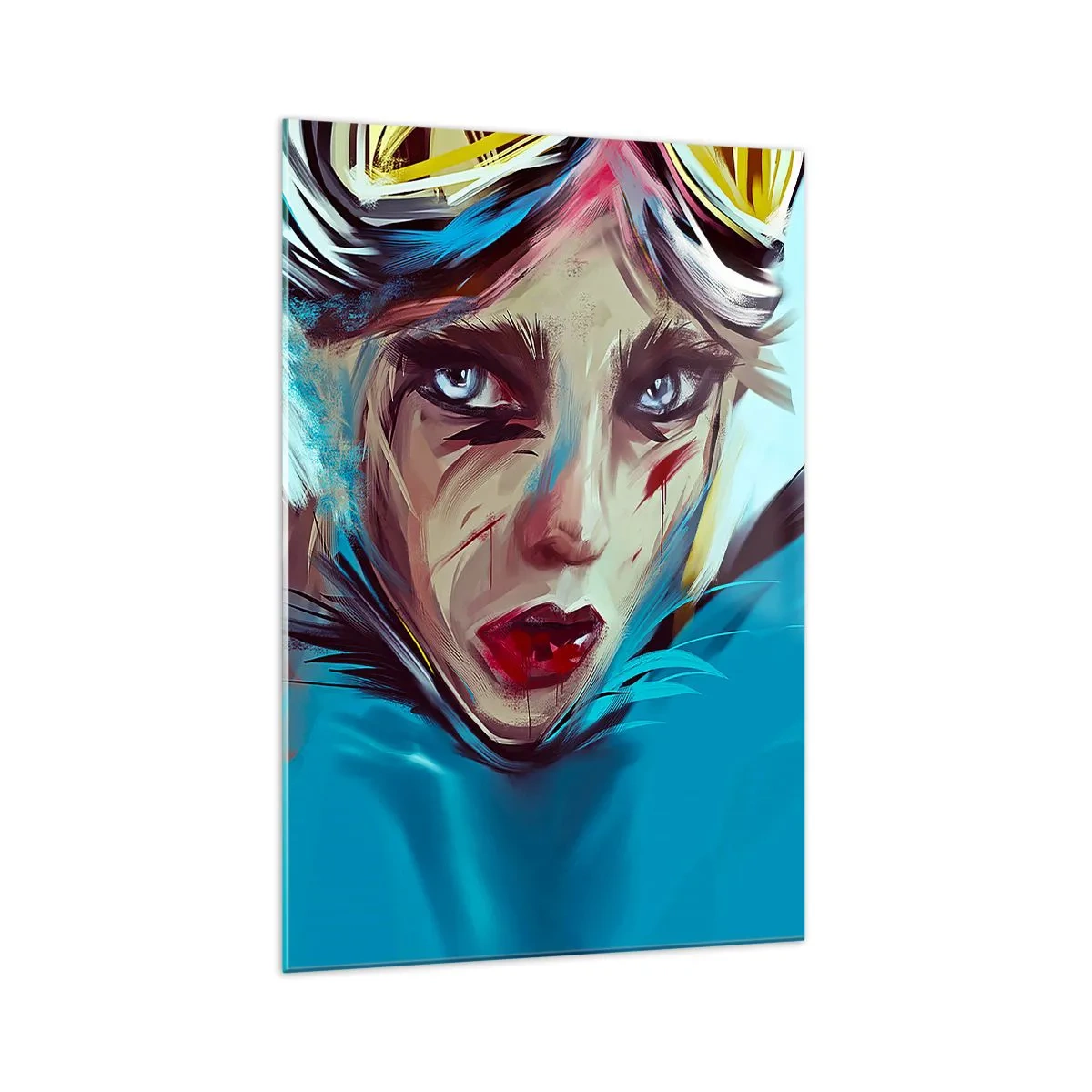 Obraz na szkle - Portret kobiety w dynamicznych kolorach i abstrakcyjnym stylu - 70x100cm - Wojowniczka szos - Nowoczesna dekoracja ścienna do salonu i sypialni ARTTOR