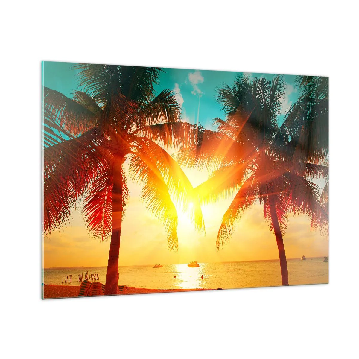 Obraz na szkle - Palmy oświetlone słońcem nad tropikalną plażą - 100x70cm - Egzotyczna para - Nowoczesna dekoracja ścienna do salonu, kuchni i sypialni ARTTOR