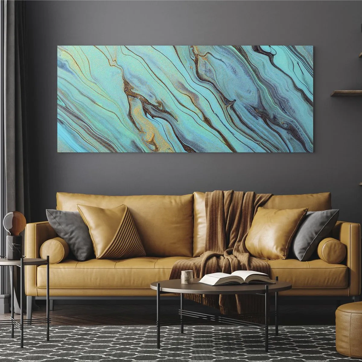Obraz na szkle - Abstrakcyjne fale w odcieniach turkusu i złota - 120x50cm - Turkusowy przypływ - Nowoczesna dekoracja ścienna do salonu i sypialni ARTTOR