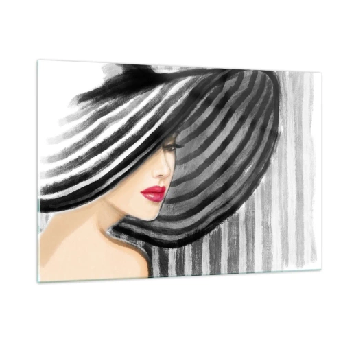 Obraz na szkle - Stylowa kobieta w kapeluszu w biało-czarne paski - 120x80cm - Gdzie ciebie szukać? - Nowoczesna dekoracja ścienna do salonu, kuchni i sypialni ARTTOR