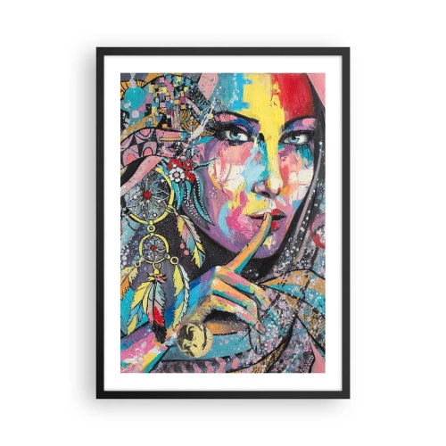 Plakat w czarnej ramie - Kolorowy portret kobiety z piórami i dreamcatcherem - 50x70cm - Milcz, aż zrozumiesz - Nowoczesna dekoracja ścienna do salonu i sypialni ARTTOR