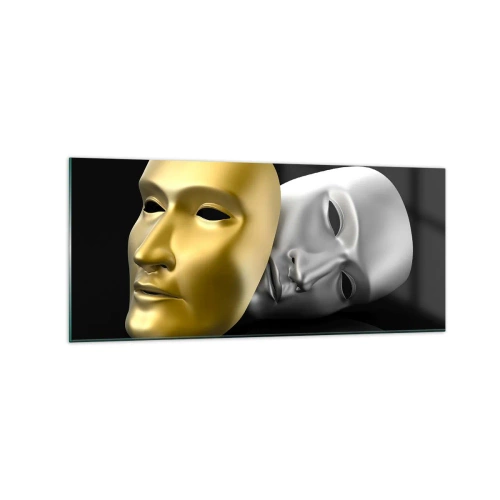 Obraz na szkle - Złota i srebrna maska na czarnym tle - 120x50cm - Życie to jest teatr - Nowoczesna dekoracja ścienna do salonu i sypialni ARTTOR
