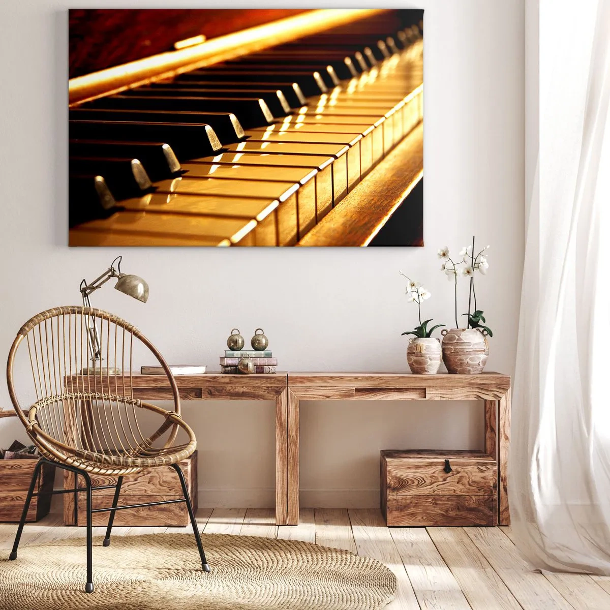 Obraz na płótnie - Klawiatura fortepianu w złotym oświetleniu - 70x50cm - Nieograniczone możliwości - Nowoczesna dekoracja ścienna do salonu i sypialni ARTTOR