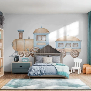 Fototapeta Premium Sand - Akwarelowy pociąg w pastelowych barwach na białym tle - 100x70cm - Stoi na stacji... - Nowoczesna dekoracja ścienna do salonu, kuchni i sypialni ARTTOR