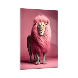 Obraz na szkle - Lew z różową grzywą na różowym tle w artystycznym ujęciu - 70x100cm - I już się nie boisz - Nowoczesna dekoracja ścienna do salonu i sypialni ARTTOR