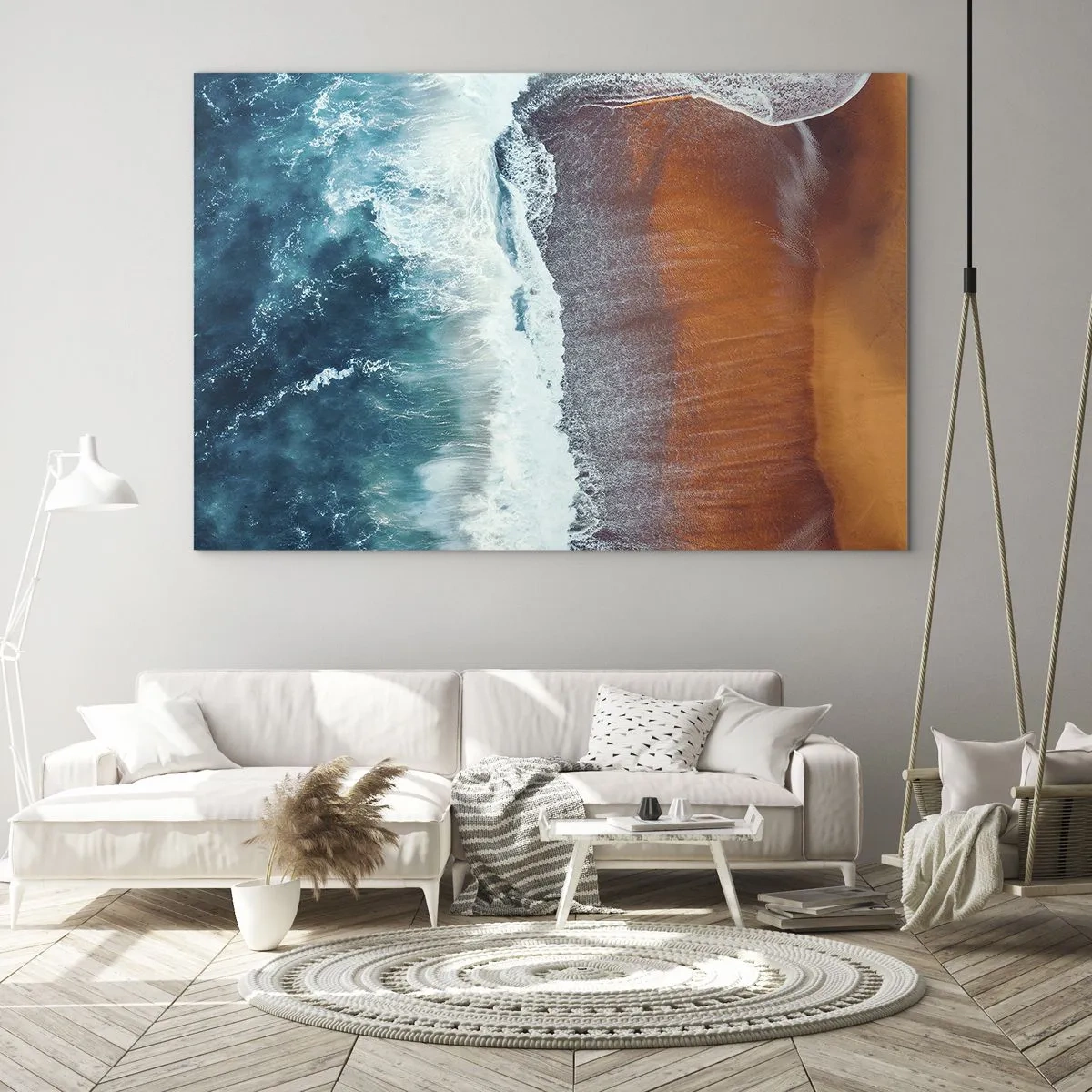 Obraz na szkle - Powierzchnia oceanu i brzeg plaży w ujęciu z lotu ptaka - 100x70cm - Dotyk oceanu - Nowoczesna dekoracja ścienna do salonu, kuchni i sypialni ARTTOR