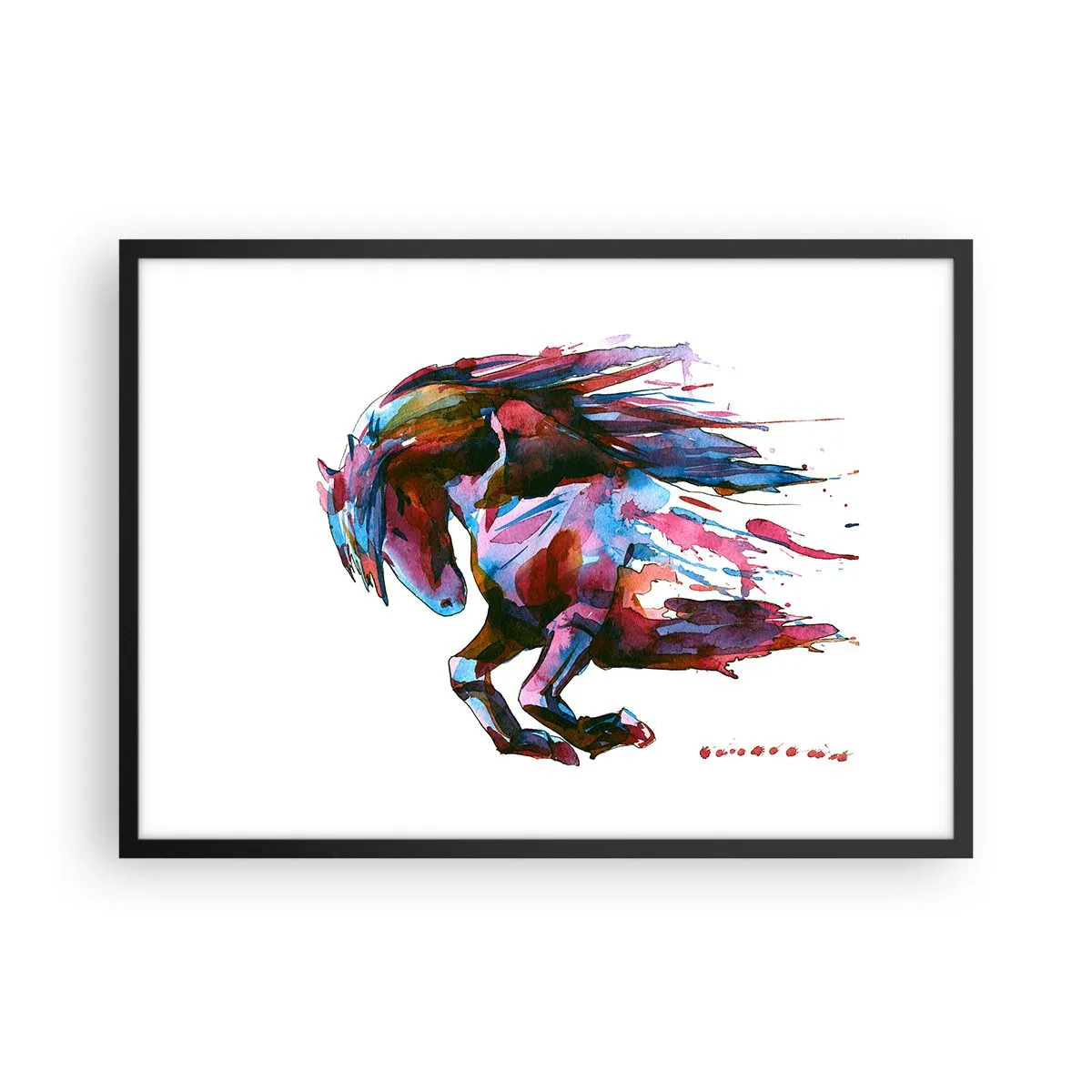 Plakat w czarnej ramie - Koń w dynamicznych abstrakcyjnych barwach symbolizujący wolność - 70x50cm - W uniesieniu - Nowoczesna dekoracja ścienna do salonu i sypialni ARTTOR