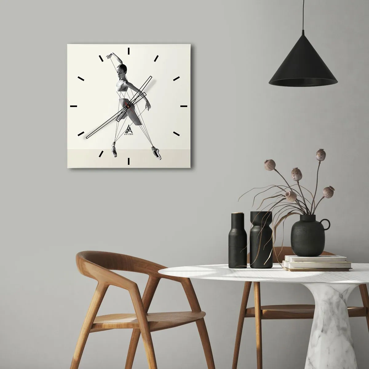 Zegar ścienny - Baletnica w geometrycznej interpretacji z liniami - 30x30cm - W teatrze świata - Nowoczesna dekoracja ścienna do salonu i sypialni ARTTOR