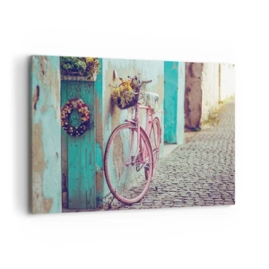 Obraz na płótnie - Różowy rower przy turkusowych drzwiach - 120x80cm - Zaraz wracam - Nowoczesna dekoracja ścienna do salonu, kuchni i sypialni ARTTOR