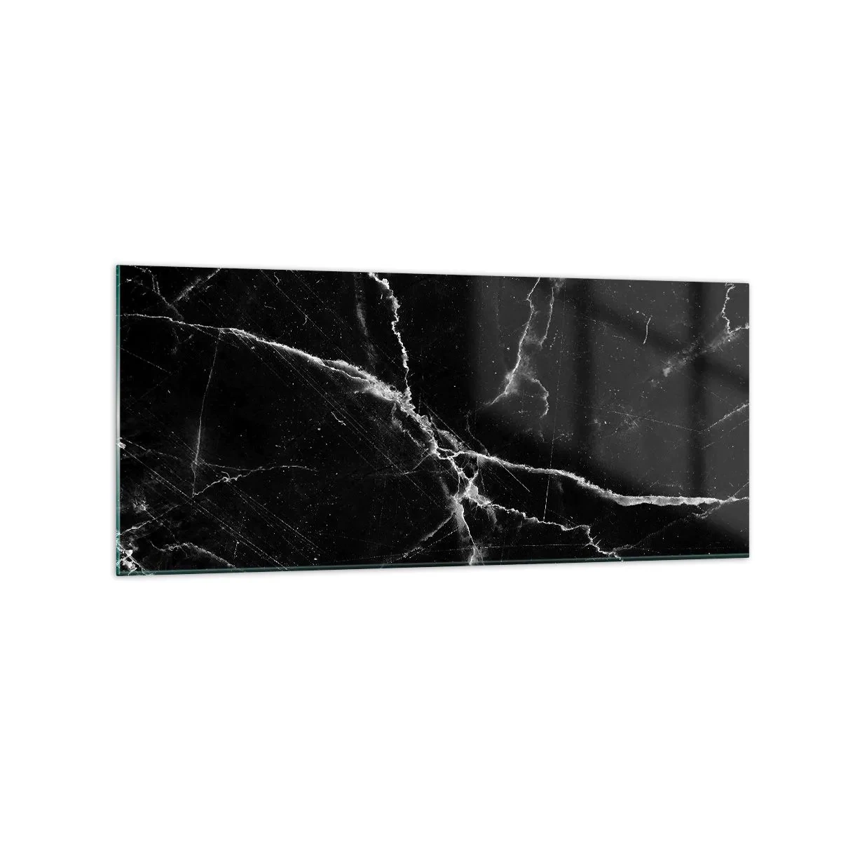 Obraz na szkle - Czarny marmur z białymi żyłkami w detalu - 120x50cm - Sekretne życie kamienia - Nowoczesna dekoracja ścienna do salonu i sypialni ARTTOR