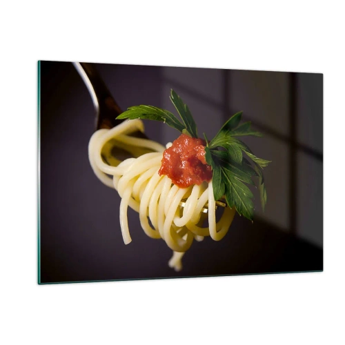 Obraz na szkle - Makaron spaghetti na widelcu z sosem pomidorowym - 120x80cm - Smakowity kęs - Nowoczesna dekoracja ścienna do salonu, kuchni i sypialni ARTTOR