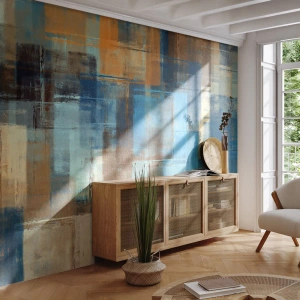 Fototapeta Premium Sand - Abstrakcyjna geometria w odcieniach niebieskiego i brązu - 100x70cm - Przez błękitną zasłonę - Nowoczesna dekoracja ścienna do salonu, kuchni i sypialni ARTTOR