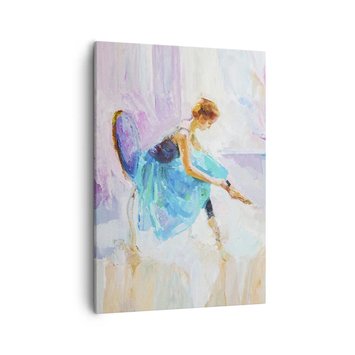 Obraz na płótnie - Baletnica w błękitnej sukni poprawiająca baletki - 50x70cm - Niewysłowiony wdzięk, subtelny czar - Nowoczesna dekoracja ścienna do salonu, kuchni i sypialni ARTTOR