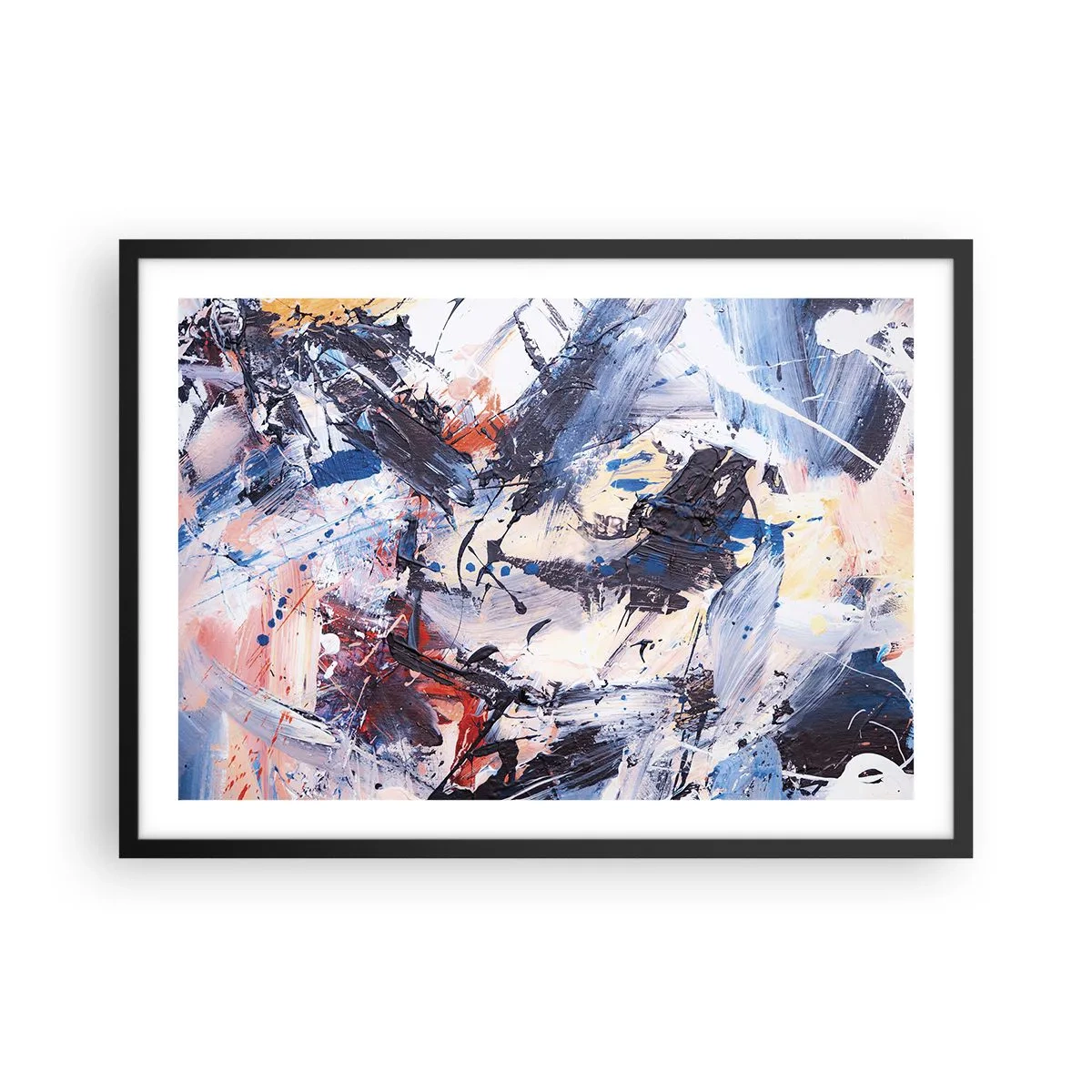 Plakat w czarnej ramie - Abstrakcja z dynamicznymi pociągnięciami pędzla w kolorach błękitu i czerwieni - 70x50cm - Szalony taniec abstrakcji - Nowoczesna dekoracja ścienna do salonu i sypialni ARTTOR