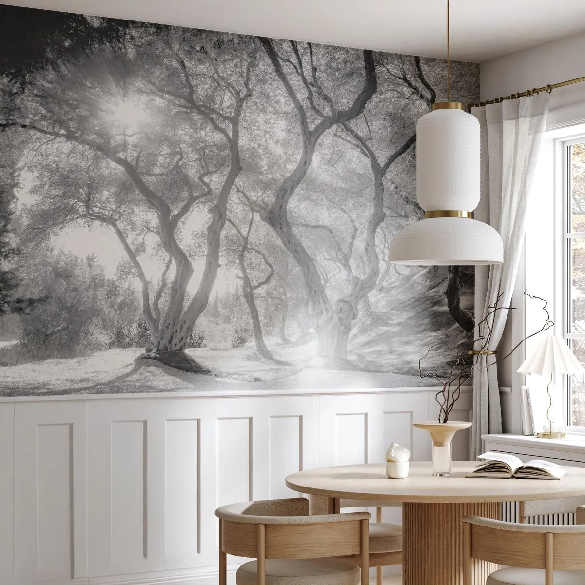 Fototapeta Premium Sand - Czarno-białe drzewa oliwne z promieniami słońca między gałęziami - 100x70cm - W oliwnym gaju - Nowoczesna dekoracja ścienna do salonu, kuchni i sypialni ARTTOR