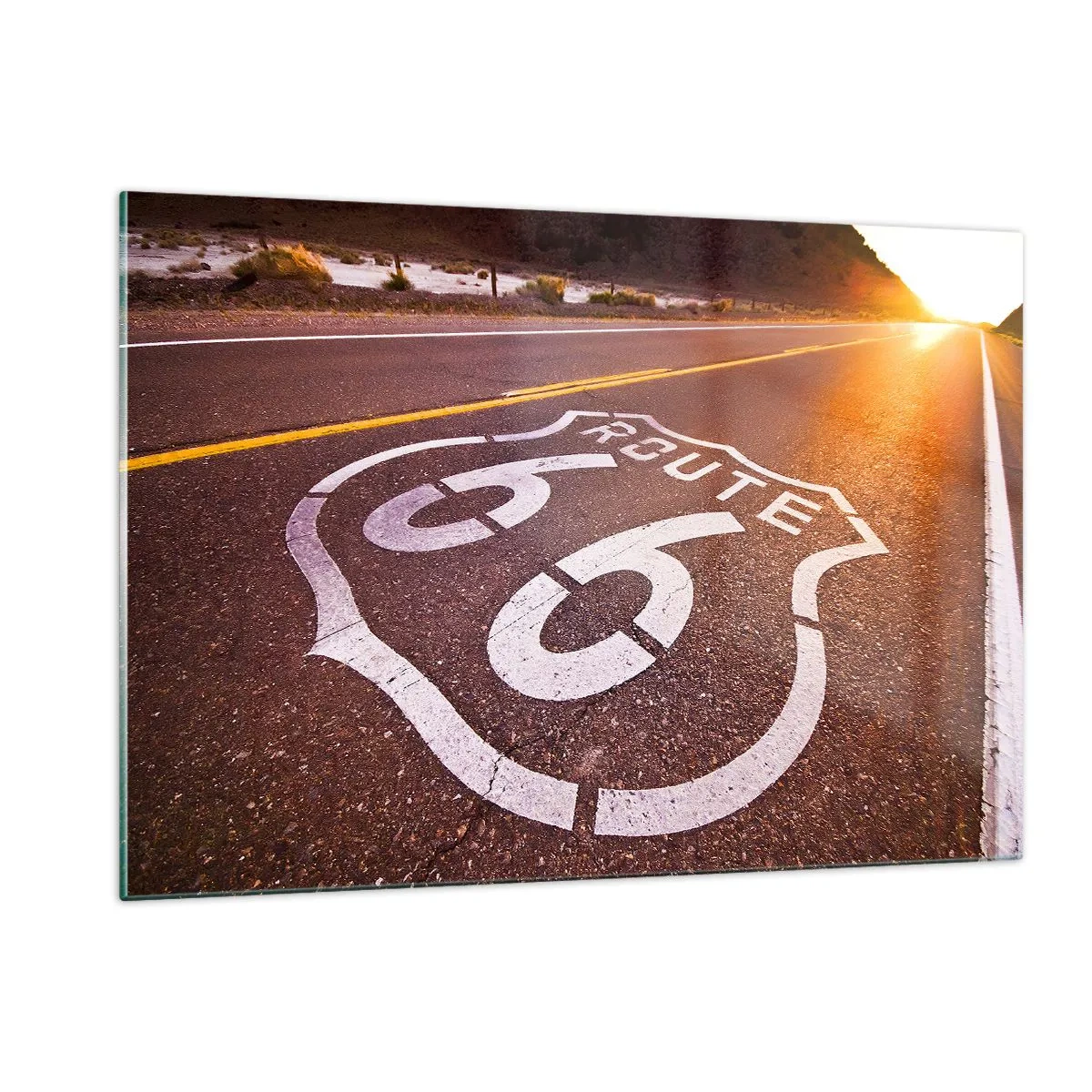 Obraz na szkle - Route 66 o zachodzie słońca - 120x80cm - Słynna droga 66 - Nowoczesna dekoracja ścienna do salonu, kuchni i sypialni ARTTOR