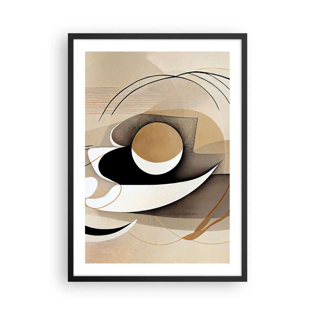 Plakat w czarnej ramie - Minimalistyczna abstrakcja w odcieniach beżu i czerni - 50x70cm - Kompozycja: istota rzeczy - Nowoczesna dekoracja ścienna do salonu i sypialni ARTTOR