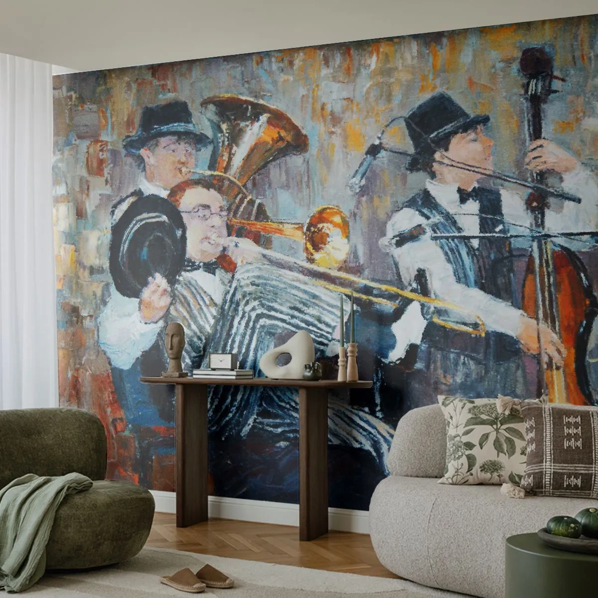 Fototapeta Premium Sand - Impresjonistyczny zespół jazzowy - 100x70cm - Cały ten jazz - Nowoczesna dekoracja ścienna do salonu, kuchni i sypialni ARTTOR