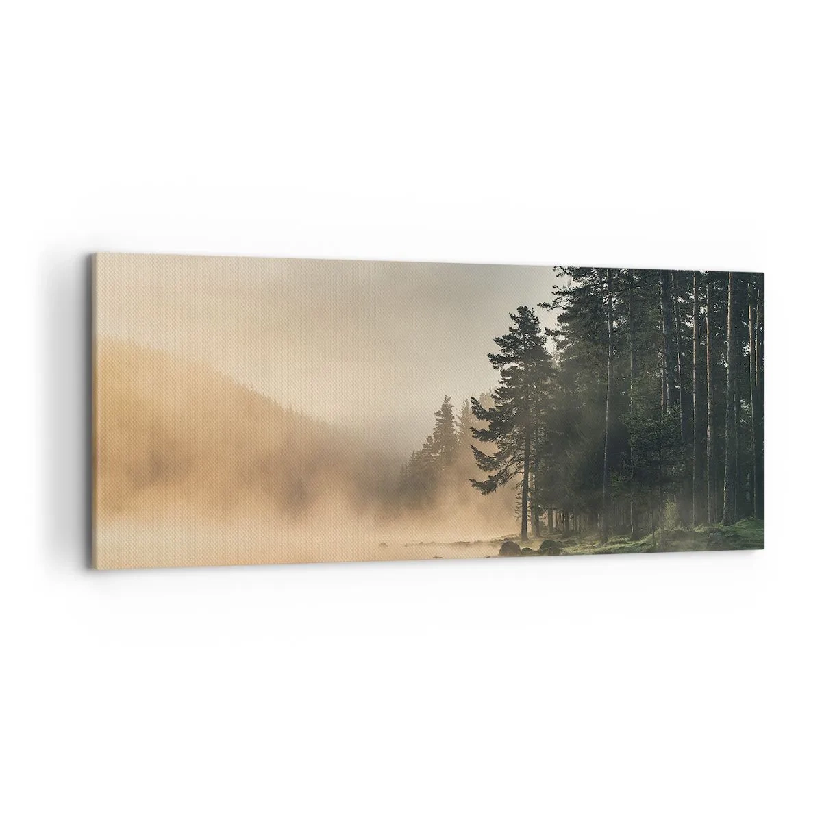 Obraz na płótnie - Mglisty las nad spokojnym jeziorem - 120x50cm - Narodziny dnia - Nowoczesna dekoracja ścienna do salonu i sypialni ARTTOR