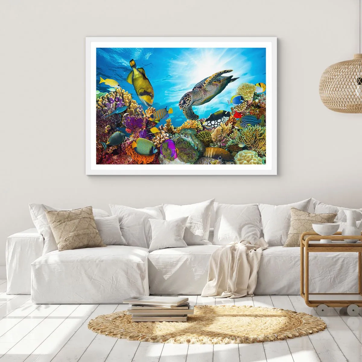 Plakat w białej ramie - Koralowa promenada - 100x70 cm