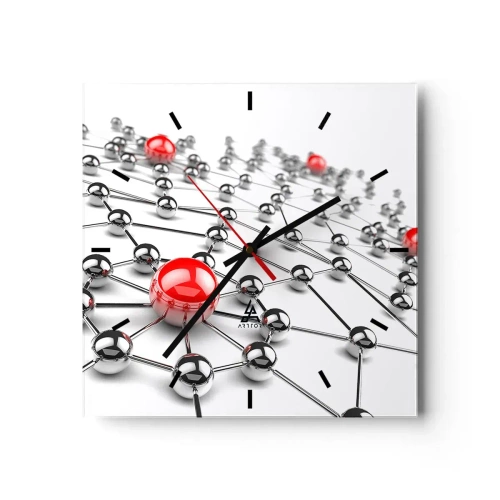 Zegar ścienny - Sieć metalicznych kulek z czerwonymi akcentami - 30x30cm - Srebrzysta sieć - Nowoczesna dekoracja ścienna do salonu i sypialni ARTTOR