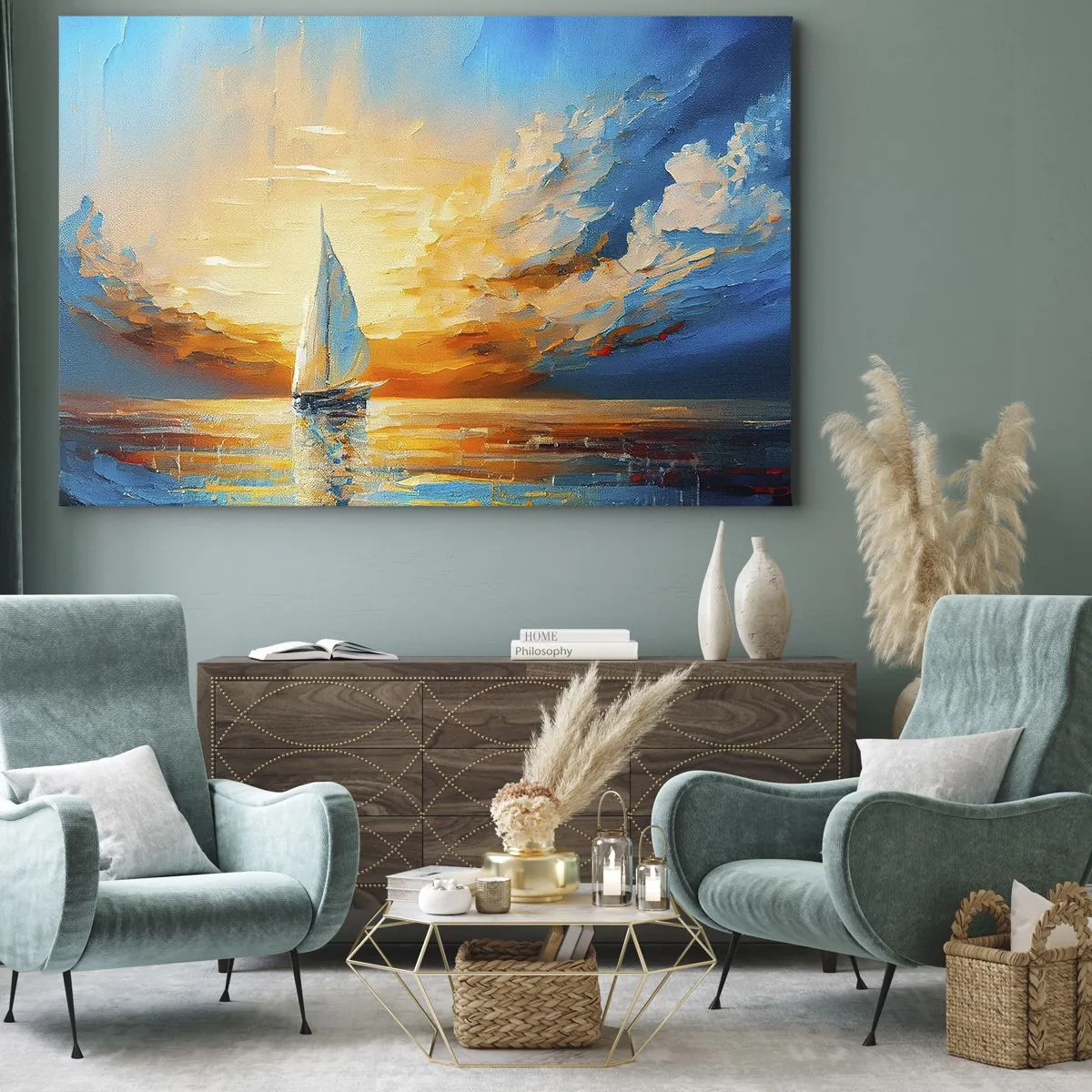 Obraz na płótnie - Żaglówka na tle zachodzącego słońca i barwnych chmur - 70x50cm - Żegluga w złocie - Nowoczesna dekoracja ścienna do salonu i sypialni ARTTOR