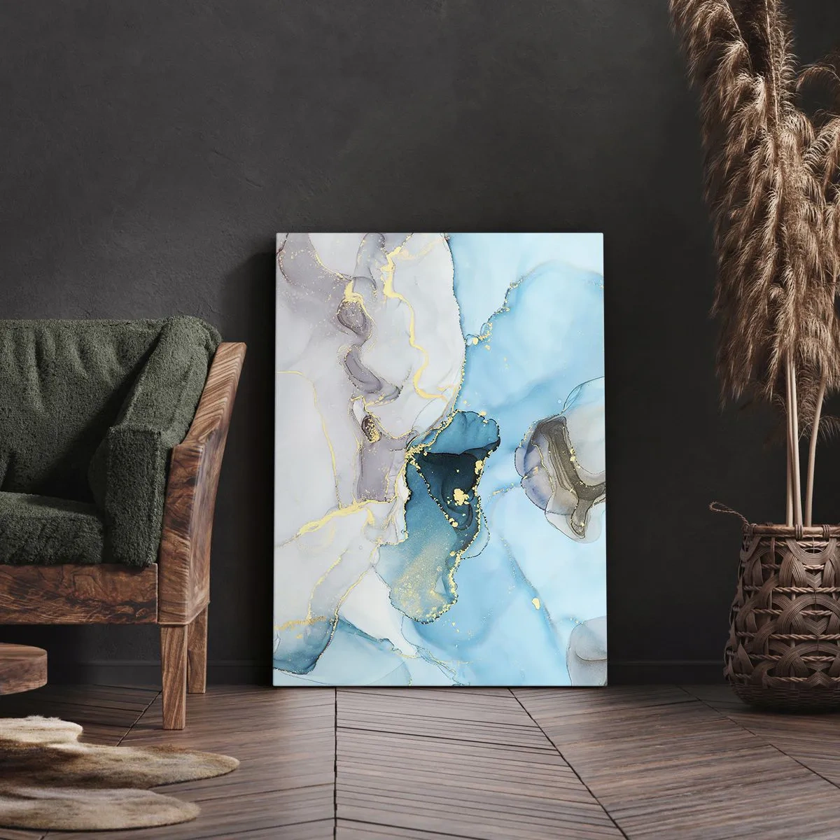 Obraz na płótnie - Abstrakcja w odcieniach błękitu i złota z subtelnymi liniami - 70x100cm - Studium spotkania szarości z turkusem - Nowoczesna dekoracja ścienna do salonu i sypialni ARTTOR