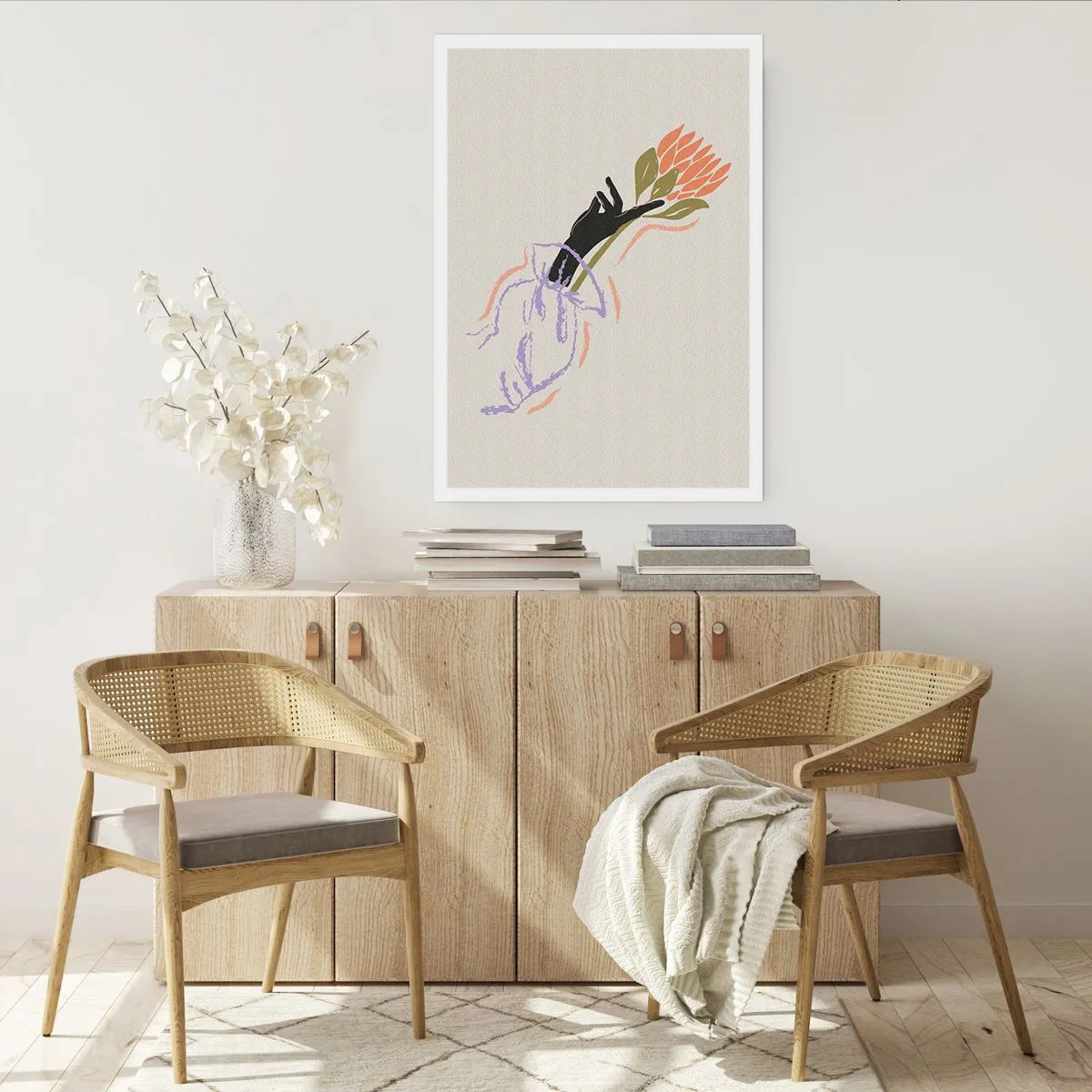 Plakat - Abstrakcyjny rysunek przedstawiający rękę trzymającą bukiet kwiatów - 50x70cm - Siostrzany dotyk - Nowoczesna dekoracja ścienna do salonu, kuchni i sypialni ARTTOR