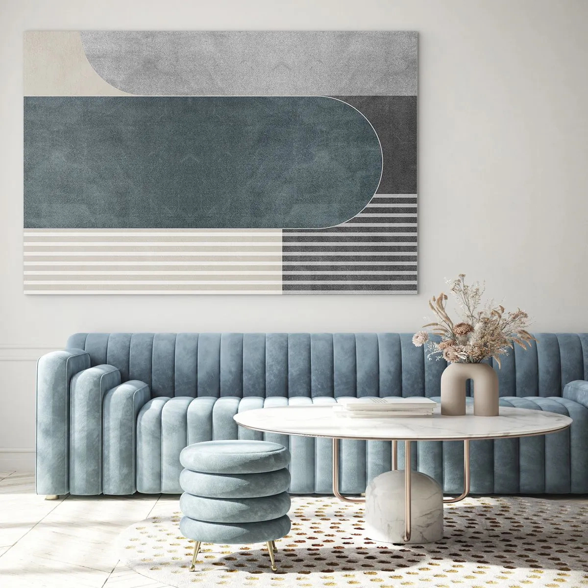 Obraz na szkle - Geometryczna forma w szarościach, beżu i zieleni - 70x50cm - Kompozycja na poziomie - Nowoczesna dekoracja ścienna do salonu i sypialni ARTTOR