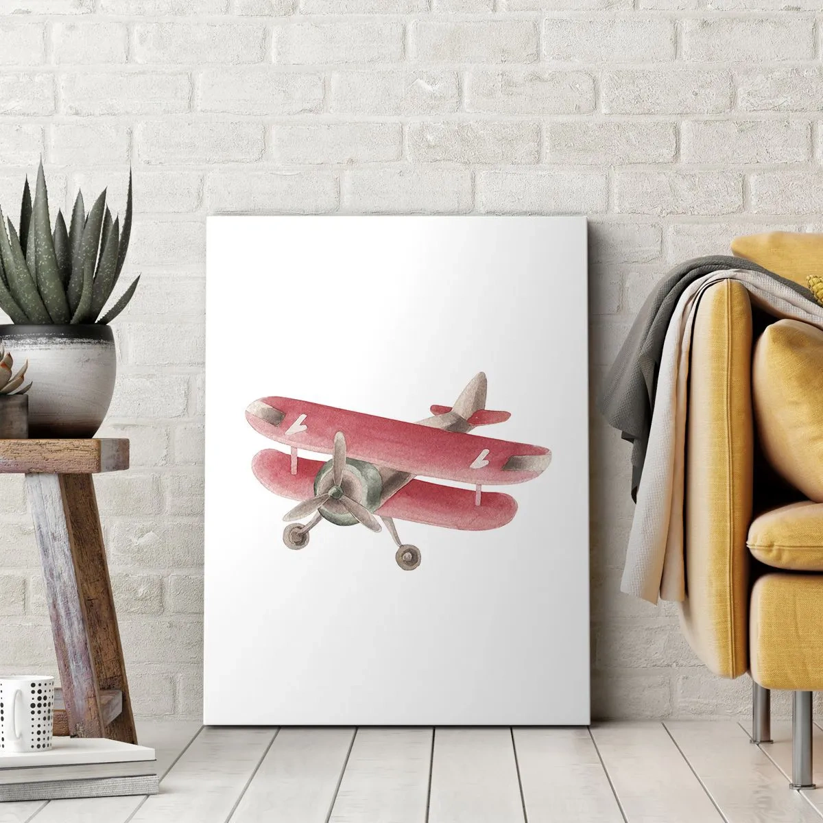 Obraz na płótnie - Akwarelowy czerwony dwupłatowiec z serduszkami na skrzydłach - 50x70cm - Gotowy do wysokich lotów - Nowoczesna dekoracja ścienna do salonu, kuchni i sypialni ARTTOR