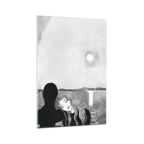 Obraz na szkle - Sylwetka kobiety opierającej głowę na ramieniu postaci w cieniu na tle księżyca i wodospadu - 70x100cm - Zawsze tajemnica - Nowoczesna dekoracja ścienna do salonu i sypialni ARTTOR