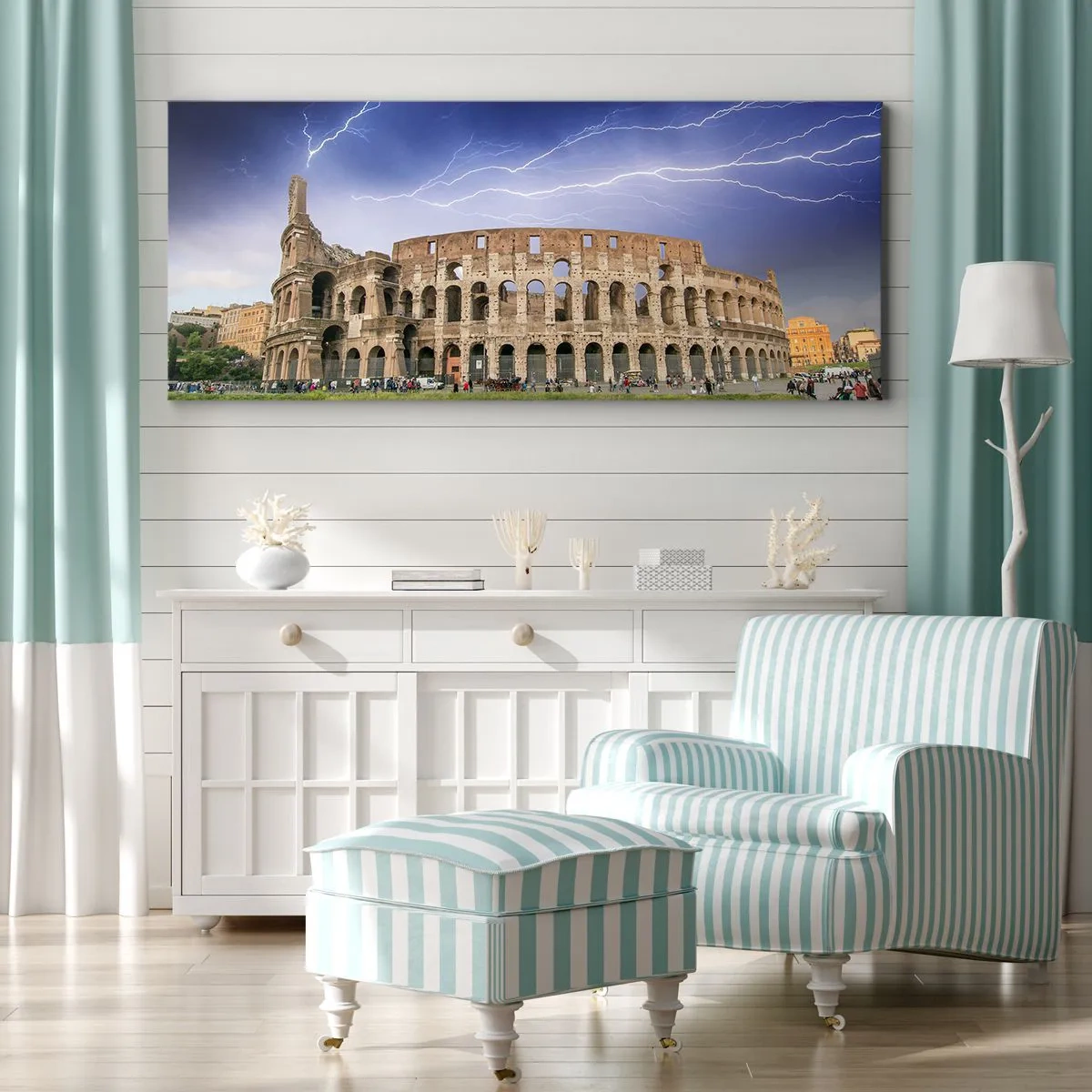 Obraz na płótnie - Koloseum w Rzymie oświetlone błyskawicami - 120x50cm - Arena walki - Nowoczesna dekoracja ścienna do salonu i sypialni ARTTOR