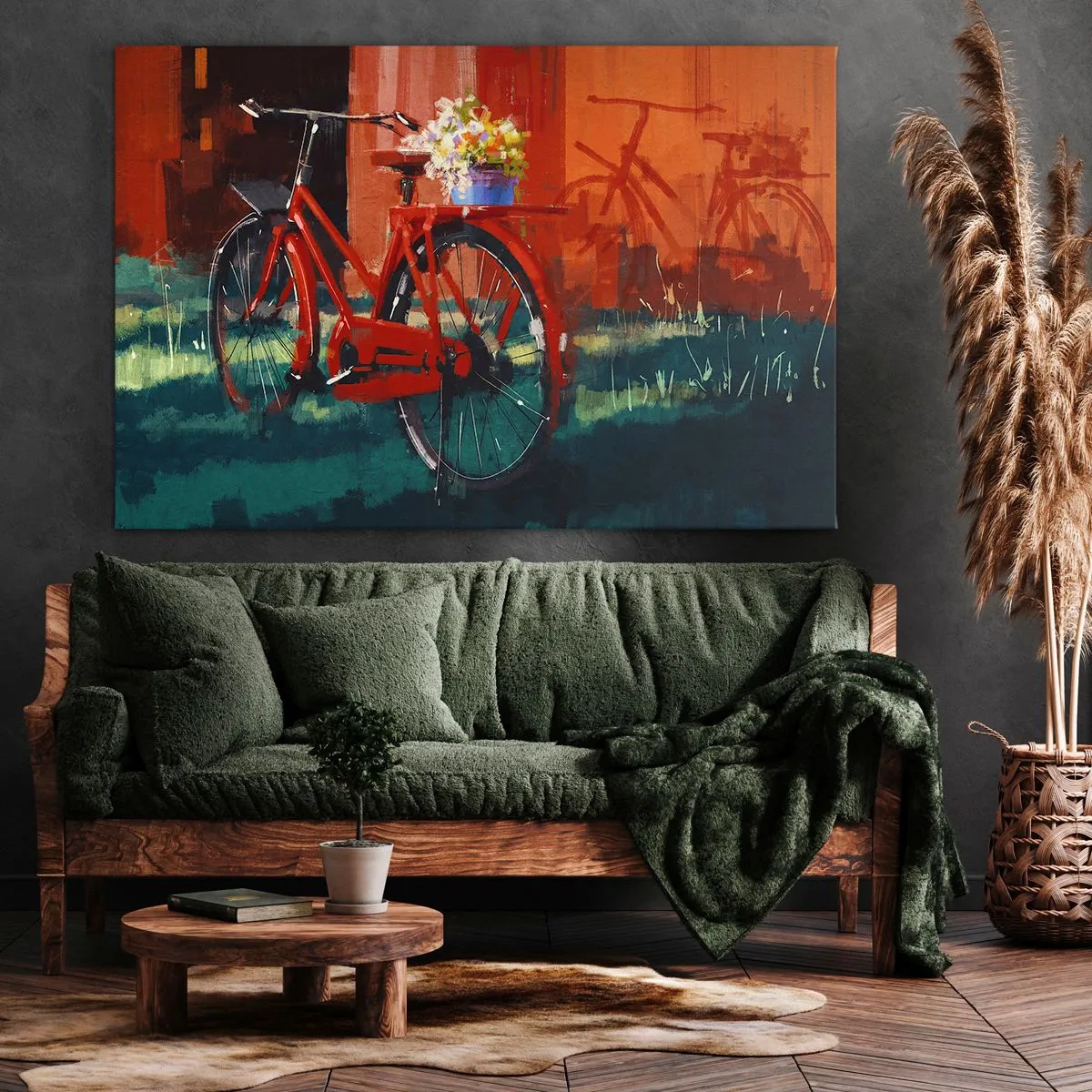 Obraz na płótnie - Czerwony rower z kwiatami w tle pomarańczowej ściany - 120x80cm - I want to ride my bicycle - Nowoczesna dekoracja ścienna do salonu, kuchni i sypialni ARTTOR