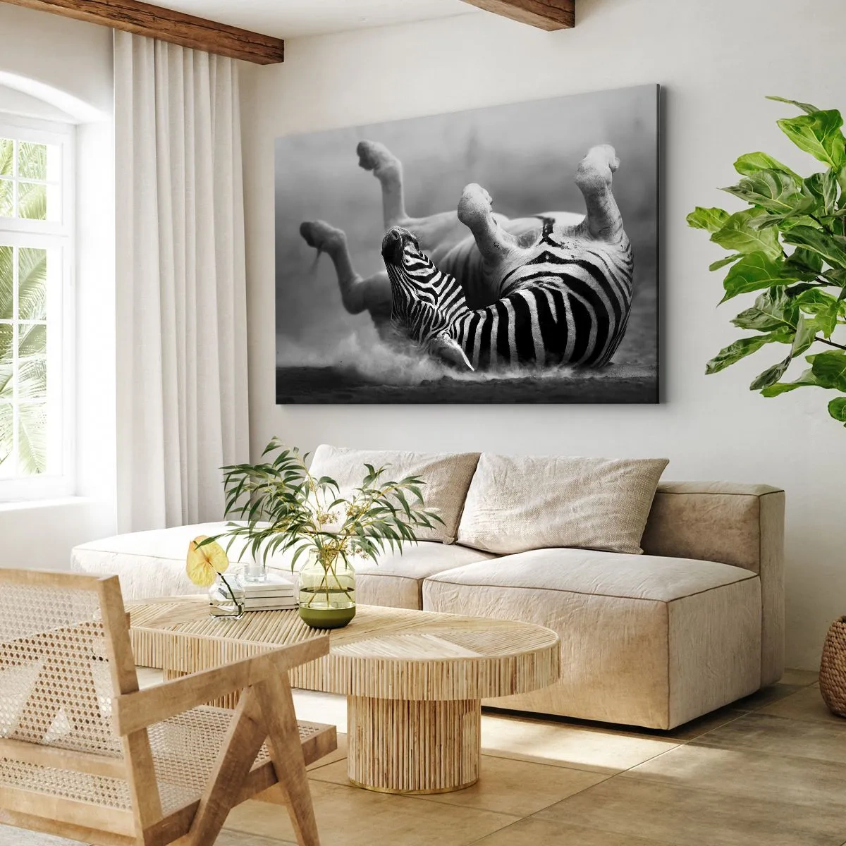 Obraz na płótnie - Czarno-biała zebra tarzająca się w piasku - 70x50cm - Nie tylko koń by się uśmiał - Nowoczesna dekoracja ścienna do salonu i sypialni ARTTOR