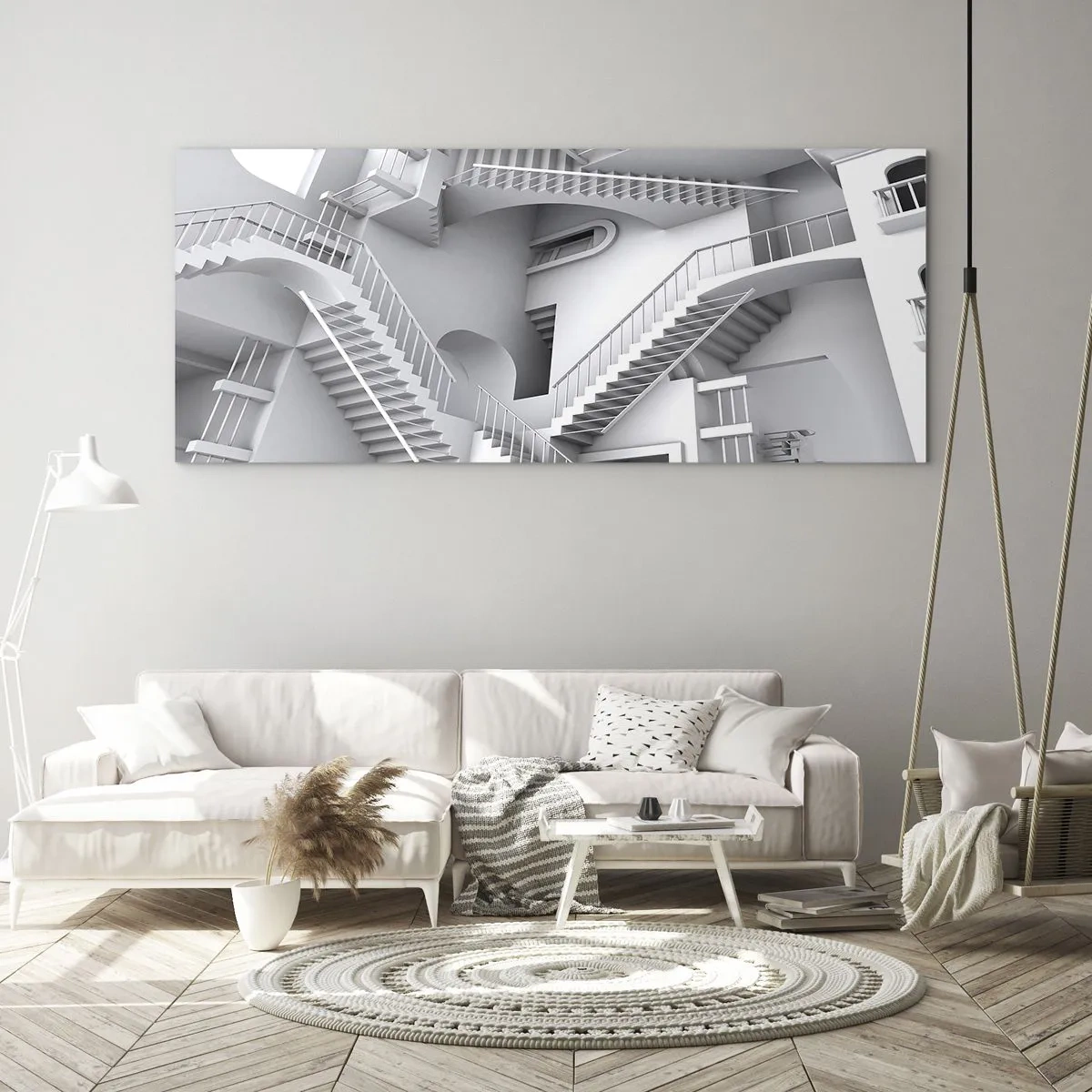 Obraz na szkle - Abstrakcyjna kompozycja schodów w surrealistycznym układzie przestrzeni - 160x50cm - Paradoksy przestrzeni - Nowoczesna dekoracja ścienna do salonu i sypialni ARTTOR