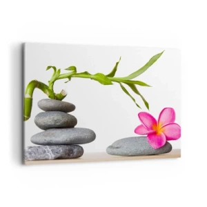 Obraz na płótnie - Bambus i różowy kwiat na kamieniach w stylu zen - 100x70cm - Kolory życia i trwania - Nowoczesna dekoracja ścienna do salonu, kuchni i sypialni ARTTOR