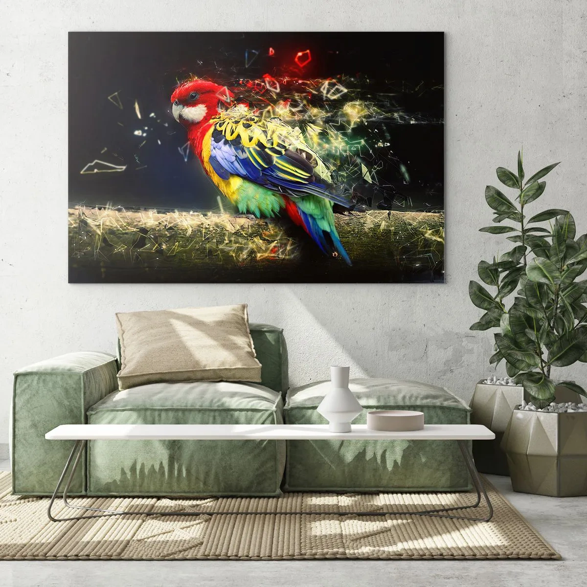 Obraz na szkle - Kolorowy papuga w artystycznej kompozycji z efektem rozbicia - 120x80cm - Posłaniec blasku - Nowoczesna dekoracja ścienna do salonu, kuchni i sypialni ARTTOR
