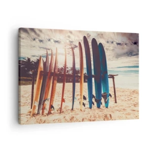 Obraz na płótnie - Deski surfingowe na plaży o zachodzie słońca - 70x50cm - Dobranoc, do jutra - Nowoczesna dekoracja ścienna do salonu i sypialni ARTTOR